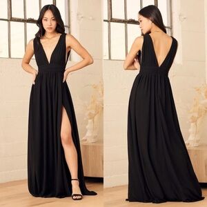 Lulus Black Heavenly Hues Plunging V-Neck Maxi Dress S Wedding Formal Gala
